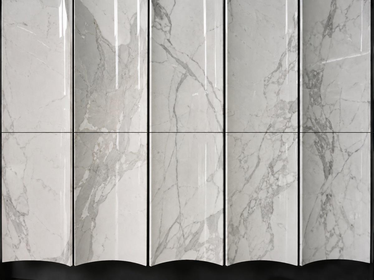 Detail view of white marble-look stone wall panels with soft grey veins and polished surface