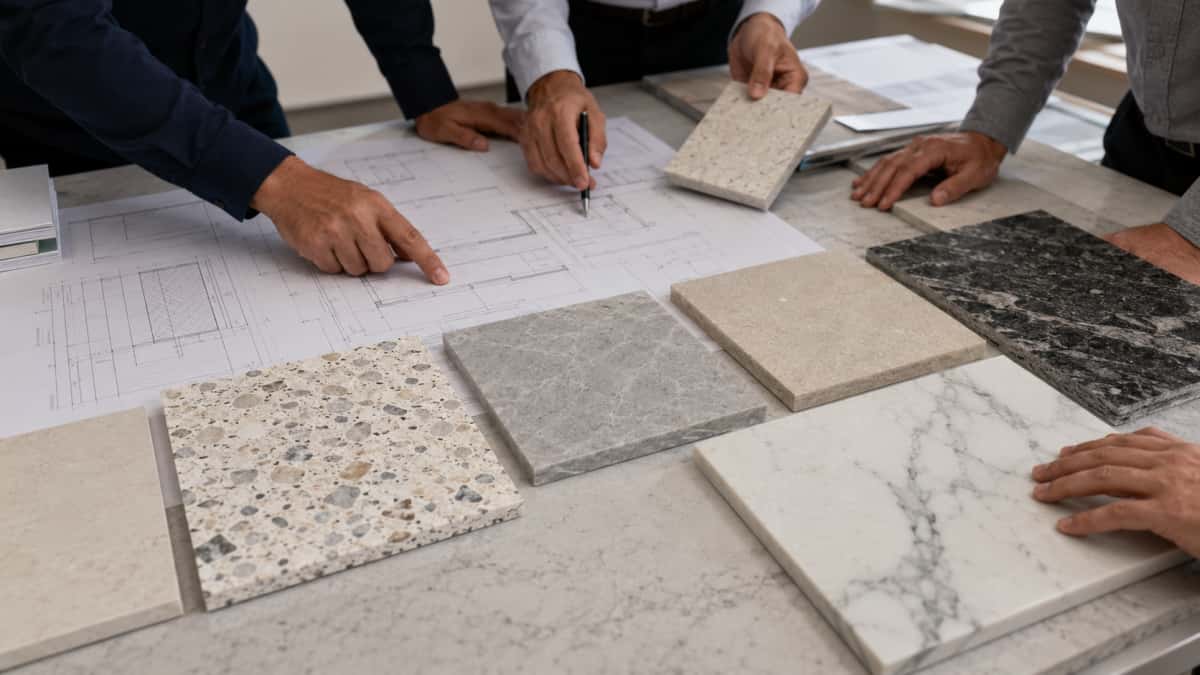 Different stone materials reviewed with project drawings before fabrication