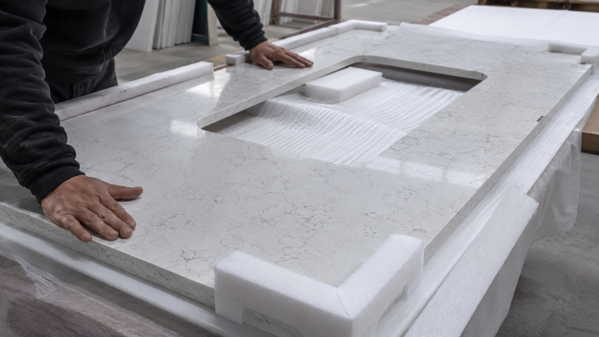 Quartz stone countertop cutout protected before shipment 