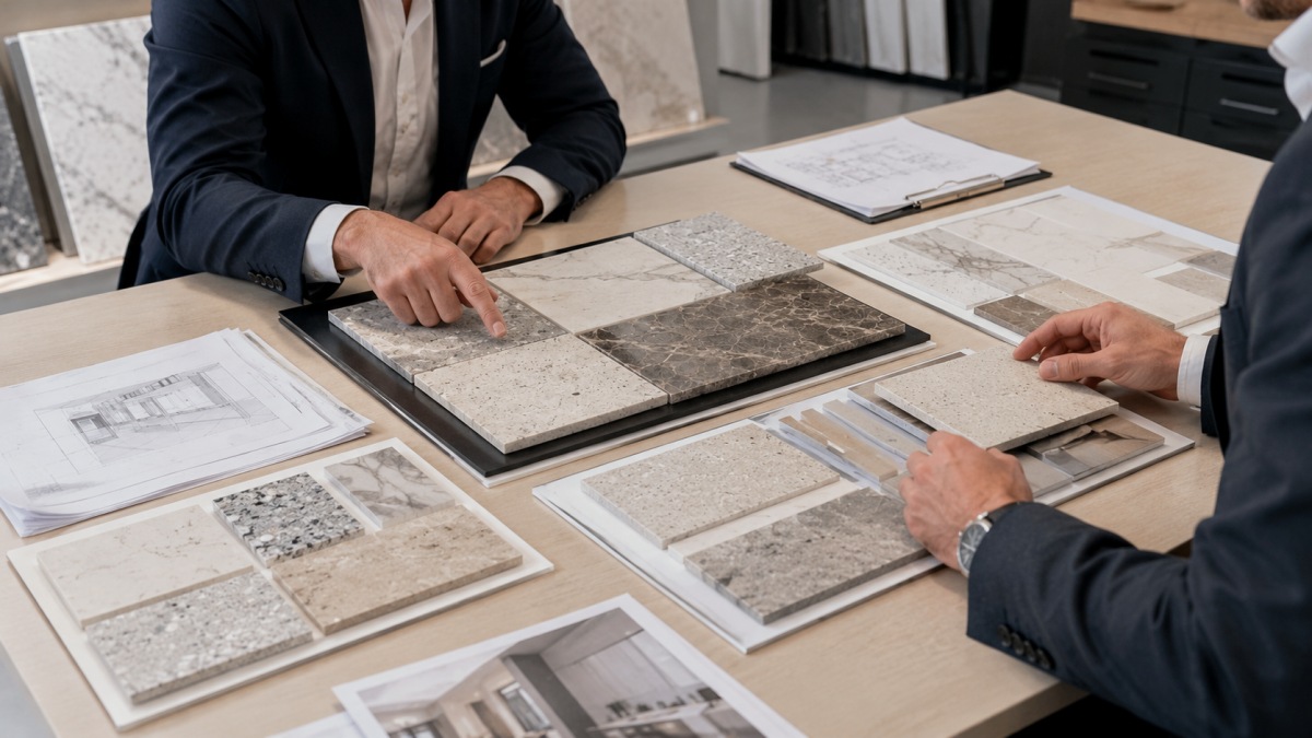 Project buyers reviewing stone mockup samples before material approval and production
