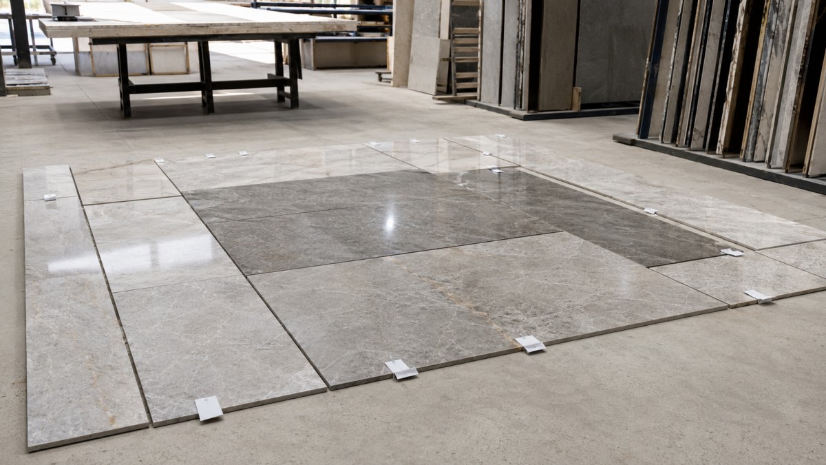 Cut-to-size stone pieces with organized numbering before packing for installation planning
