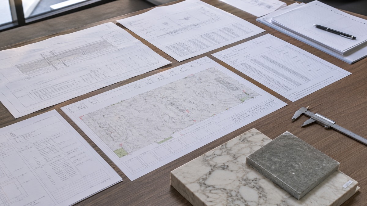 Cut-to-size installation planning with stone shop drawings and piece numbering before production