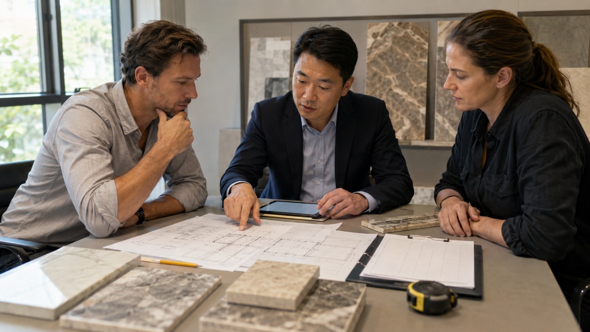 Stone project team reviewing shop drawings, stone samples, and installation responsibility checklist before production