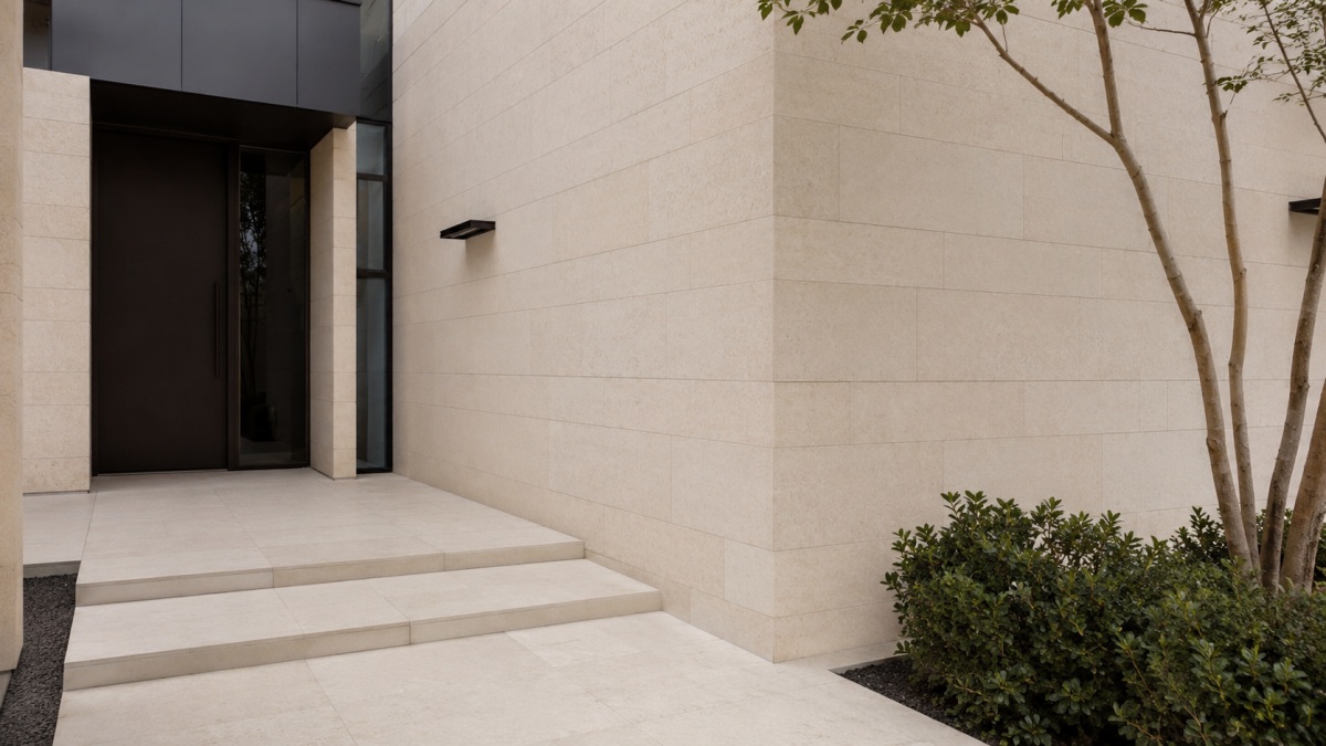 Cotswold Cream limestone courtyard entrance wall with warm beige stone cladding