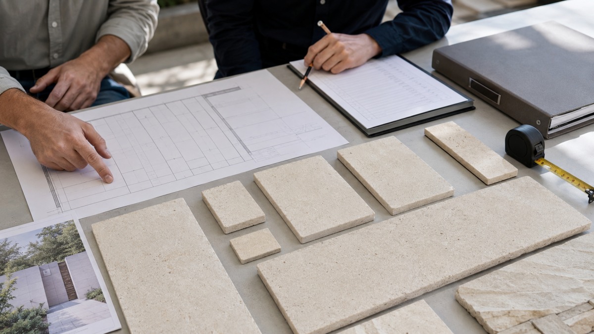 Courtyard entrance stone layout review with drawings and measuring tools