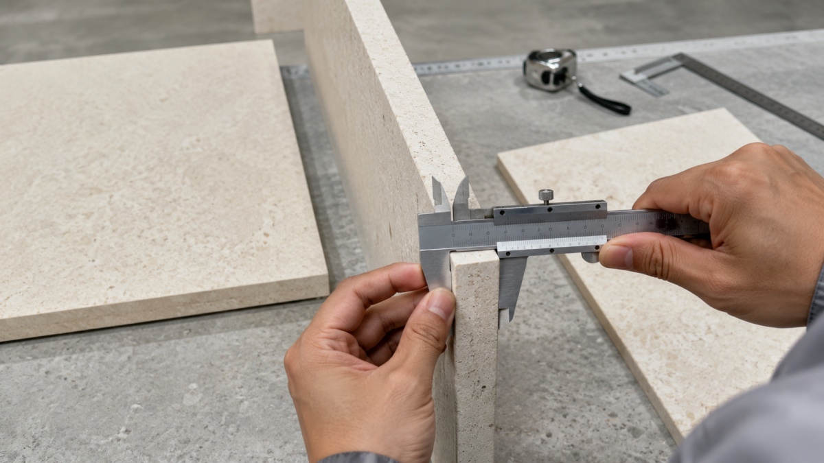Limestone panel QC thickness measurement with caliper clamped on the stone edge