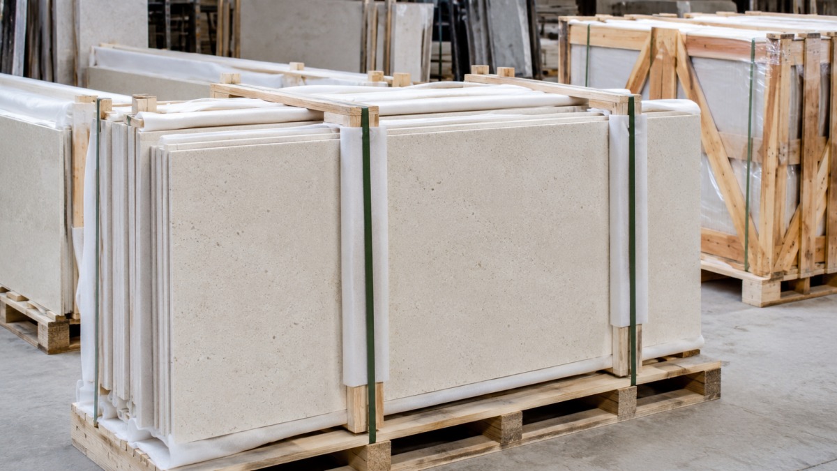 Limestone wall cladding panels packed with protective materials for export