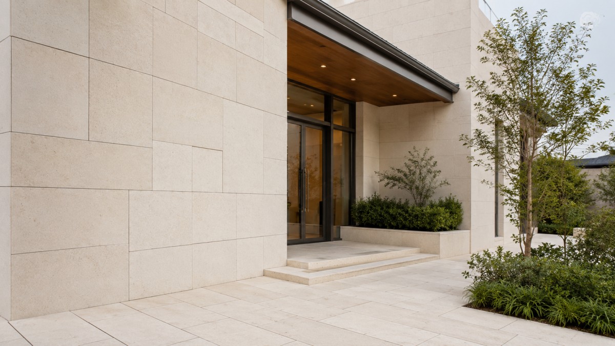 Warm limestone entrance wall for an architectural courtyard project
