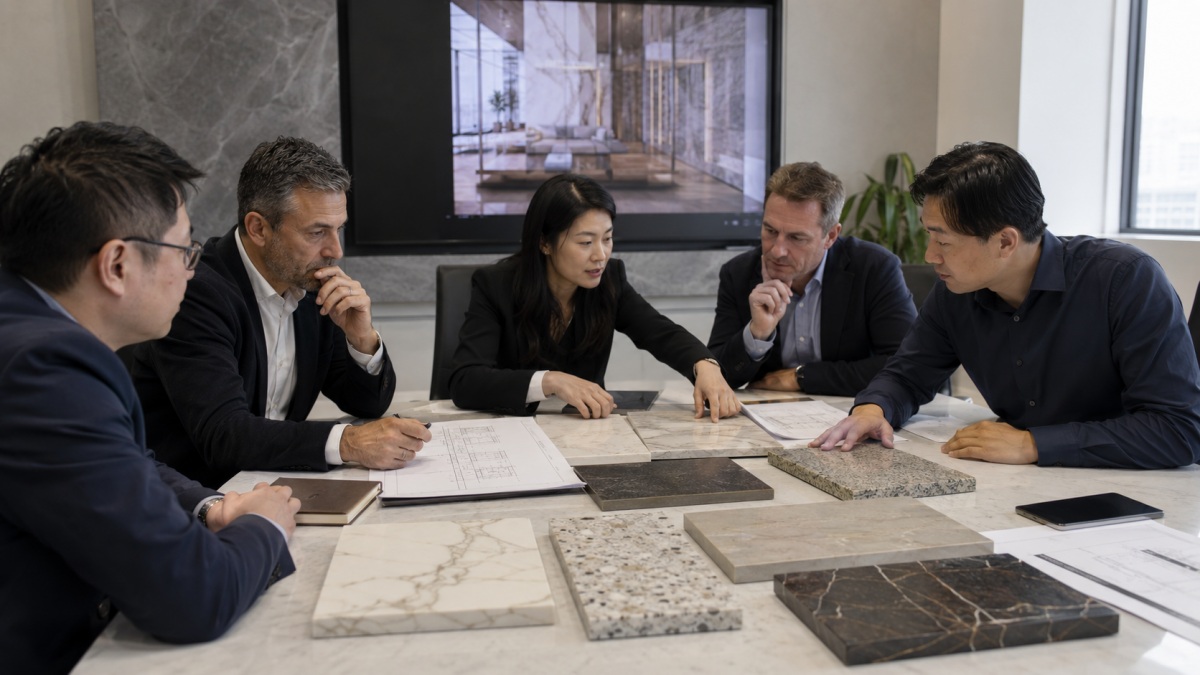 Project team reviewing alternative stone materials with drawings and samples