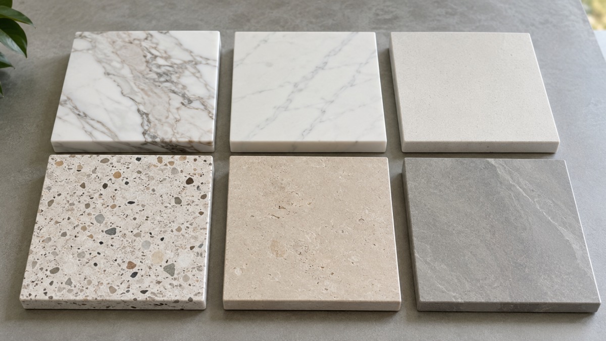 Natural marble, artificial marble, quartz, terrazzo, limestone, and sintered stone samples arranged for project comparison