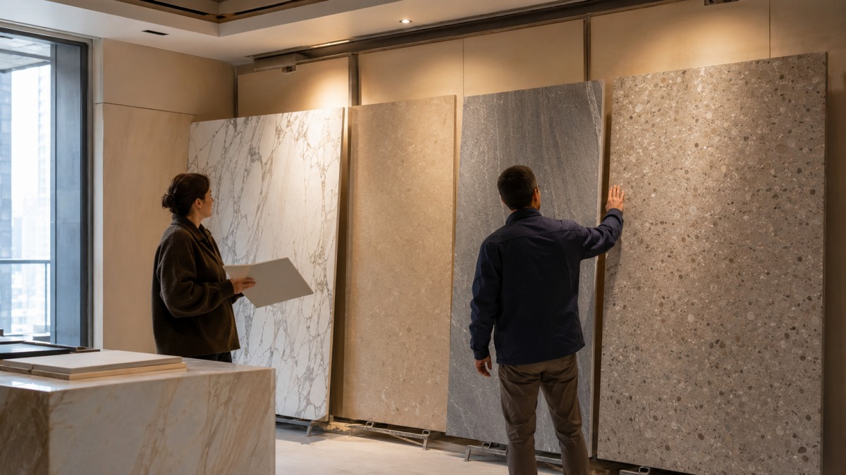 Large stone samples reviewed under realistic interior lighting for project approval