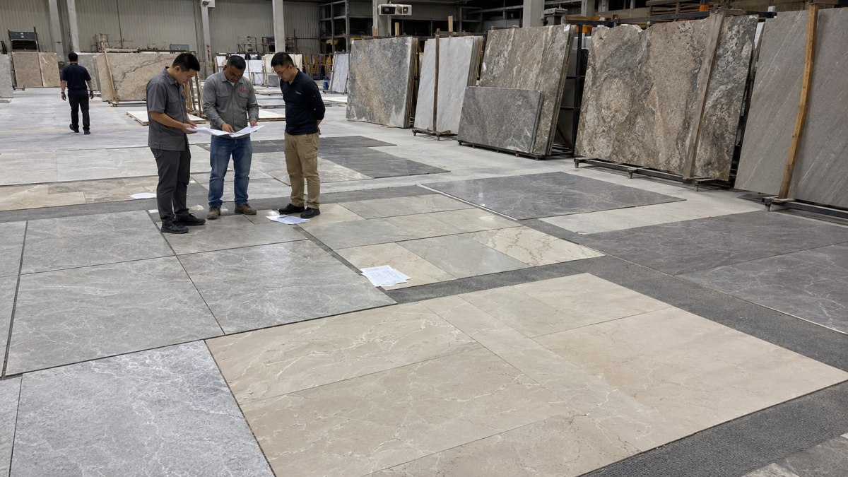  Stone slabs and cut-to-size pieces reviewed for pattern scale and joint rhythm