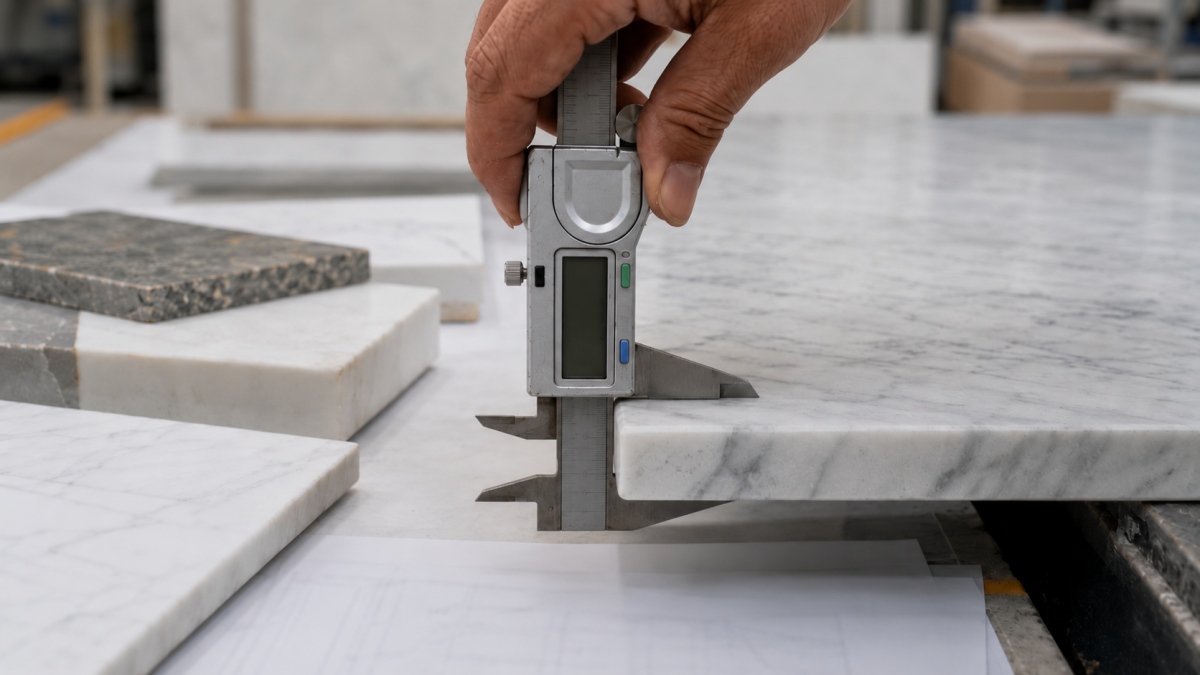 Fabrication team checking stone thickness edge details and cut-to-size requirements