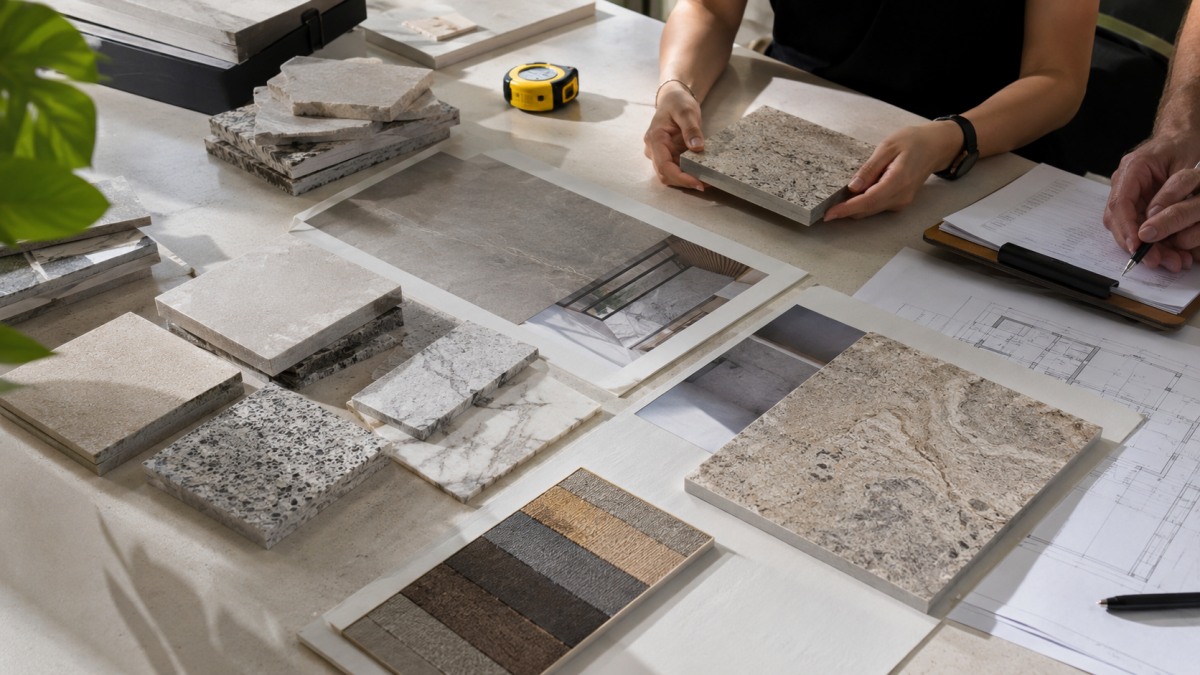 Stone samples, drawings, inspection documents, and project approval checklist on a clean work table
