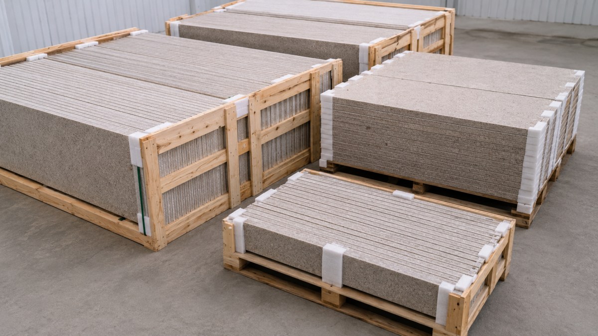 Fabricated stone pieces packed with foam and edge protection before export shipment
