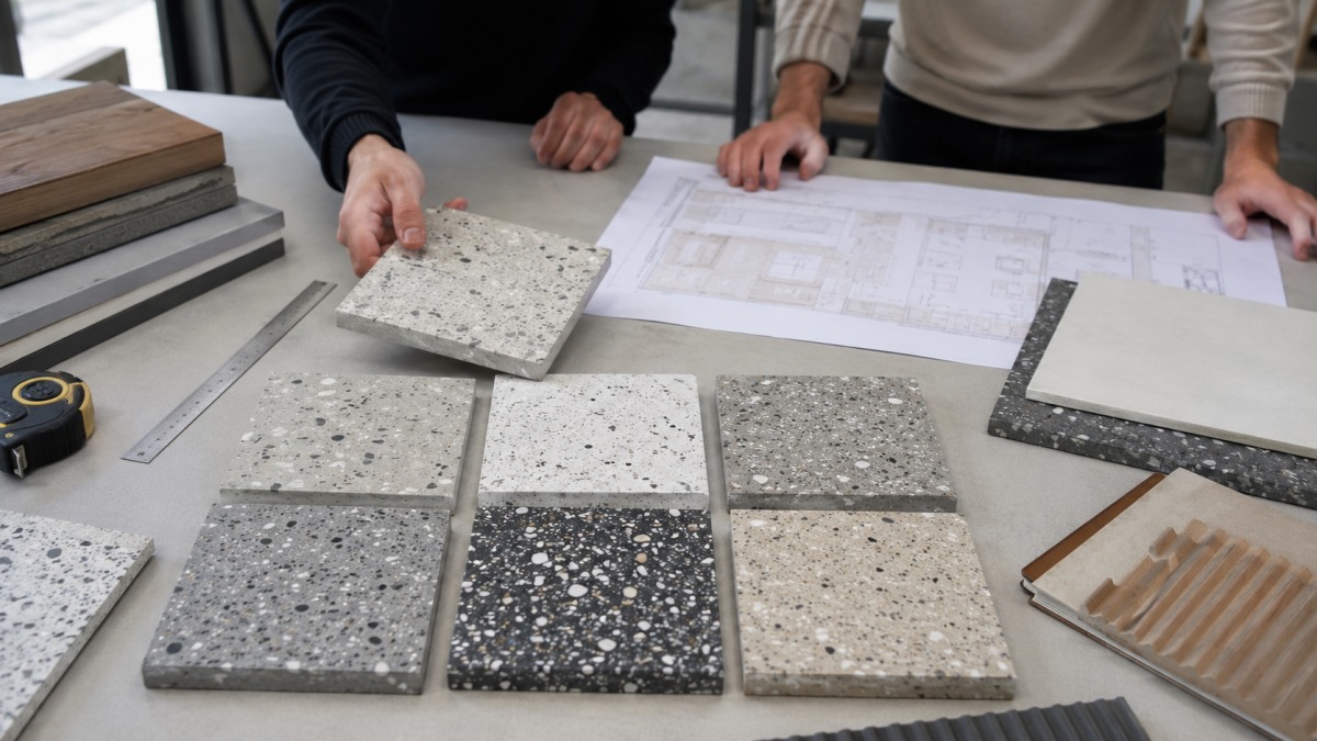 Terrazzo samples reviewed with retail flooring drawings and material boards