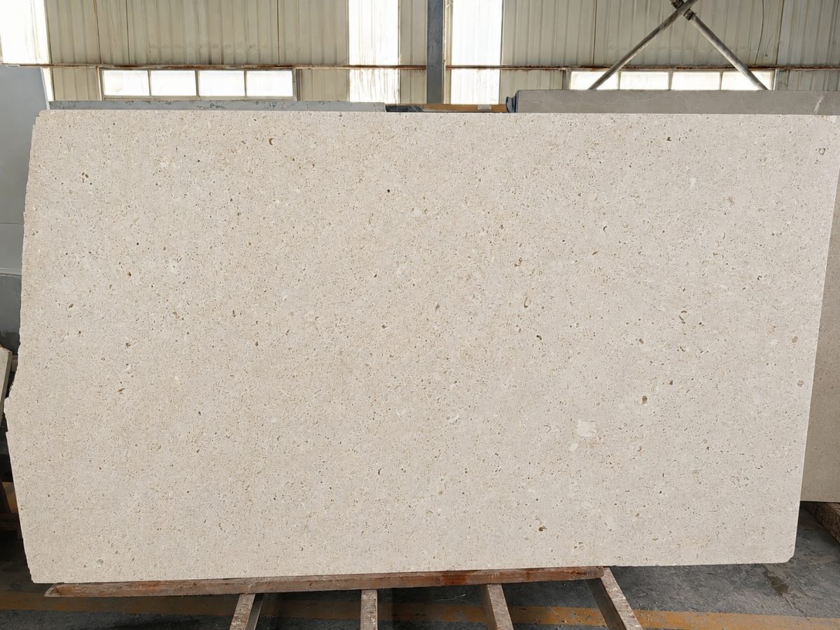 Raw Cotswold Cream limestone slab with warm cream beige tone, natural irregular edge, fine fossil texture, small pores, and subtle color variation