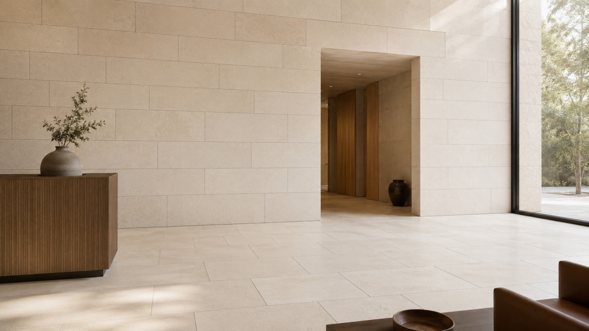 Cotswold Cream limestone interior wall cladding with warm cream beige tone, fine fossil texture, subtle pores, and calm matte natural surface.