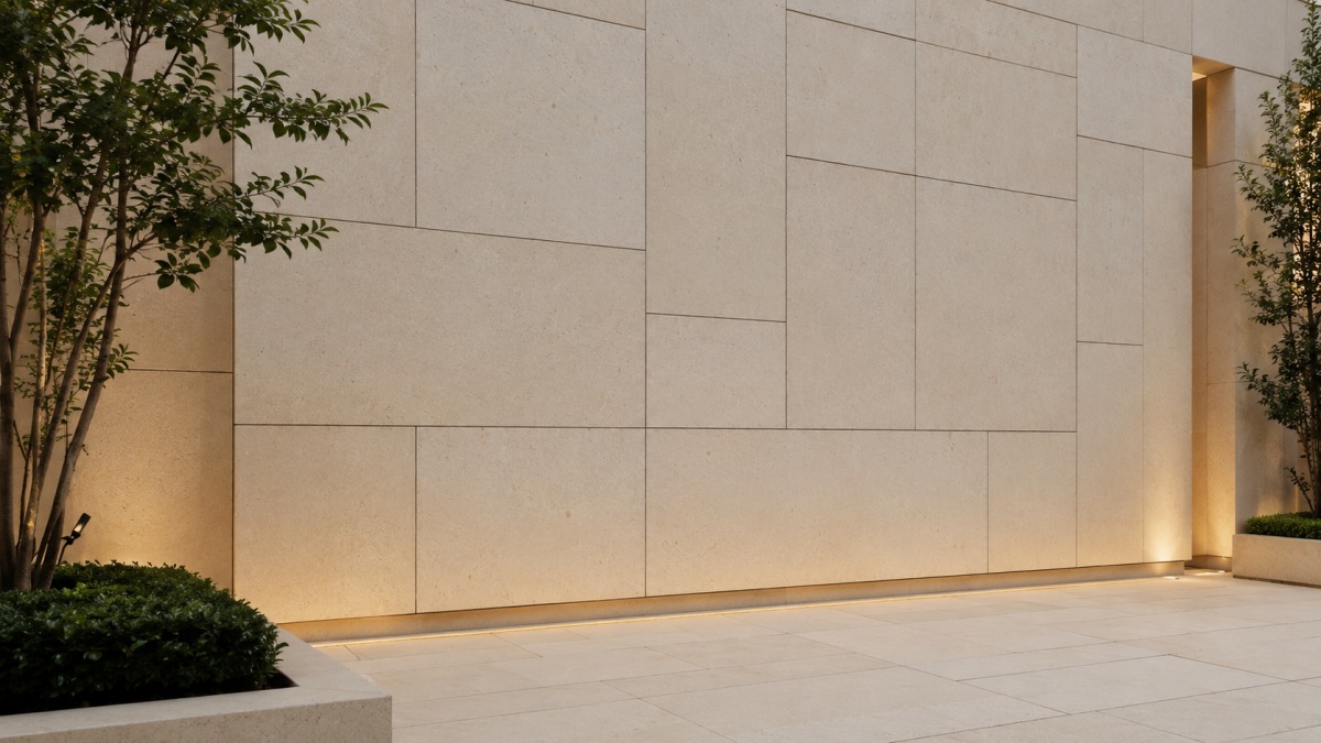 Cotswold Cream limestone paving and wall cladding for a villa courtyard entrance, with warm cream beige color, natural fossil particles, subtle variation, and matte architectural texture.