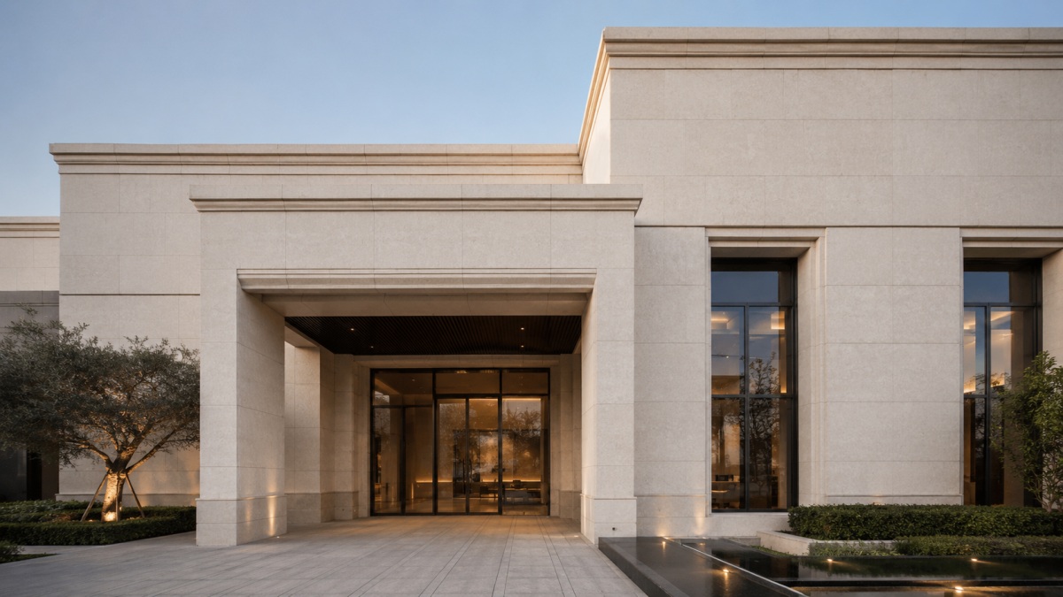 Cotswold Cream limestone villa facade cladding with warm cream beige tone, fine fossil texture, subtle natural pores, and matte architectural surface