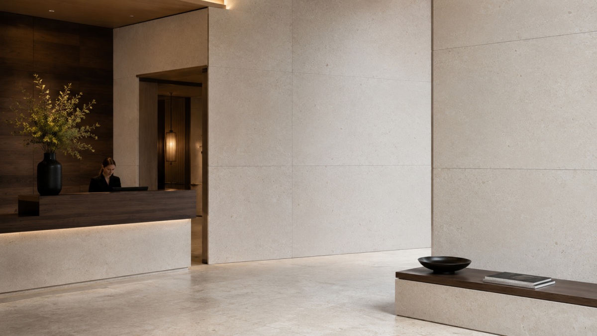 Cotswold Cream limestone wall and floor application in a commercial lobby interior, showing warm cream beige color, fine fossil particles, subtle tonal variation, and matte natural texture