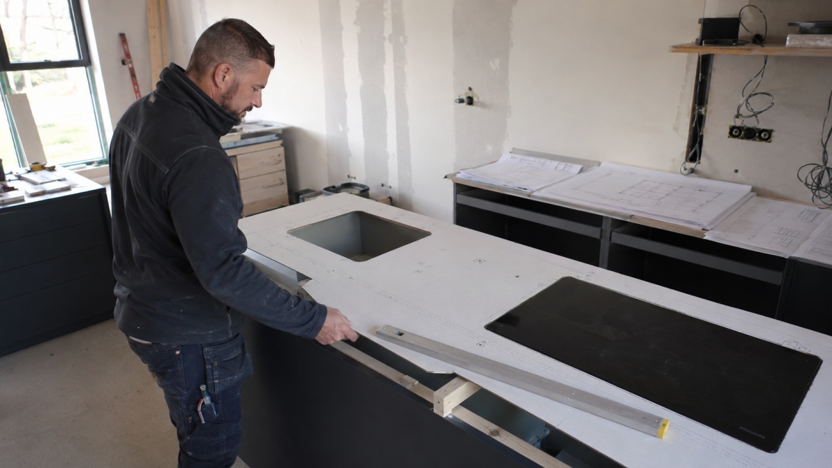 Quartz countertop hob cutout checked with appliance template before fabrication approval