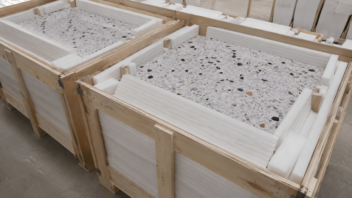 Terrazzo slabs and tiles packed in clean wooden crates with foam protection for export shipment