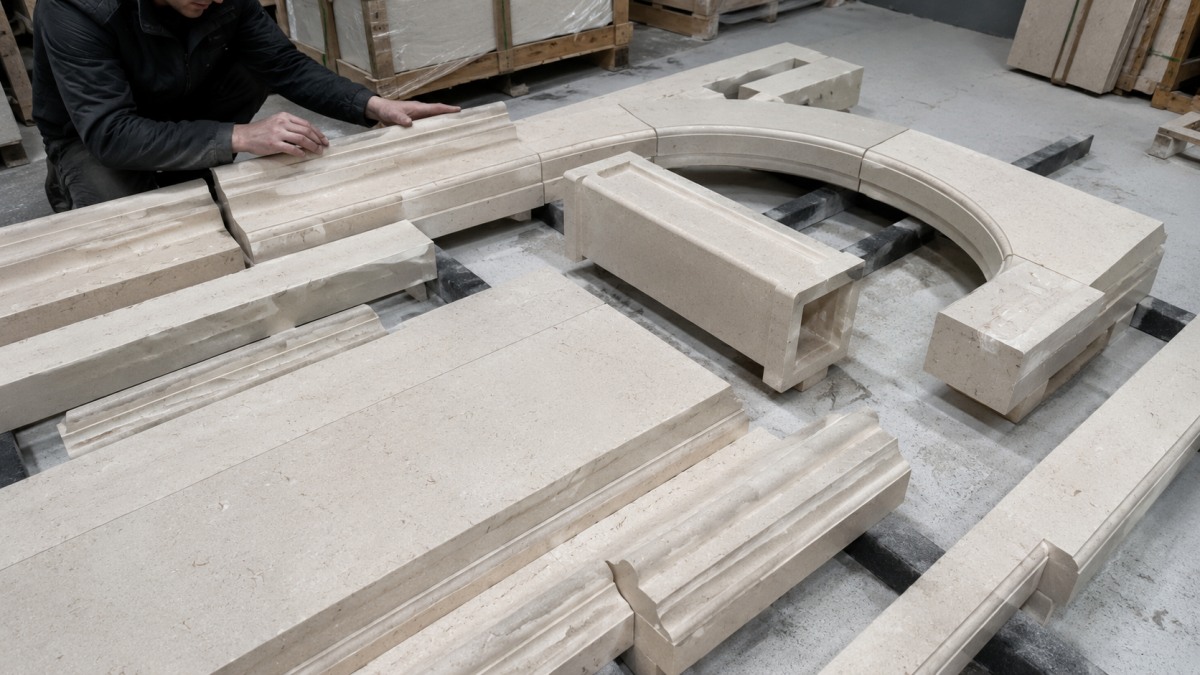 Custom Moonlight Beige Limestone molding profiles and cut-to-size pieces arranged in the factory
