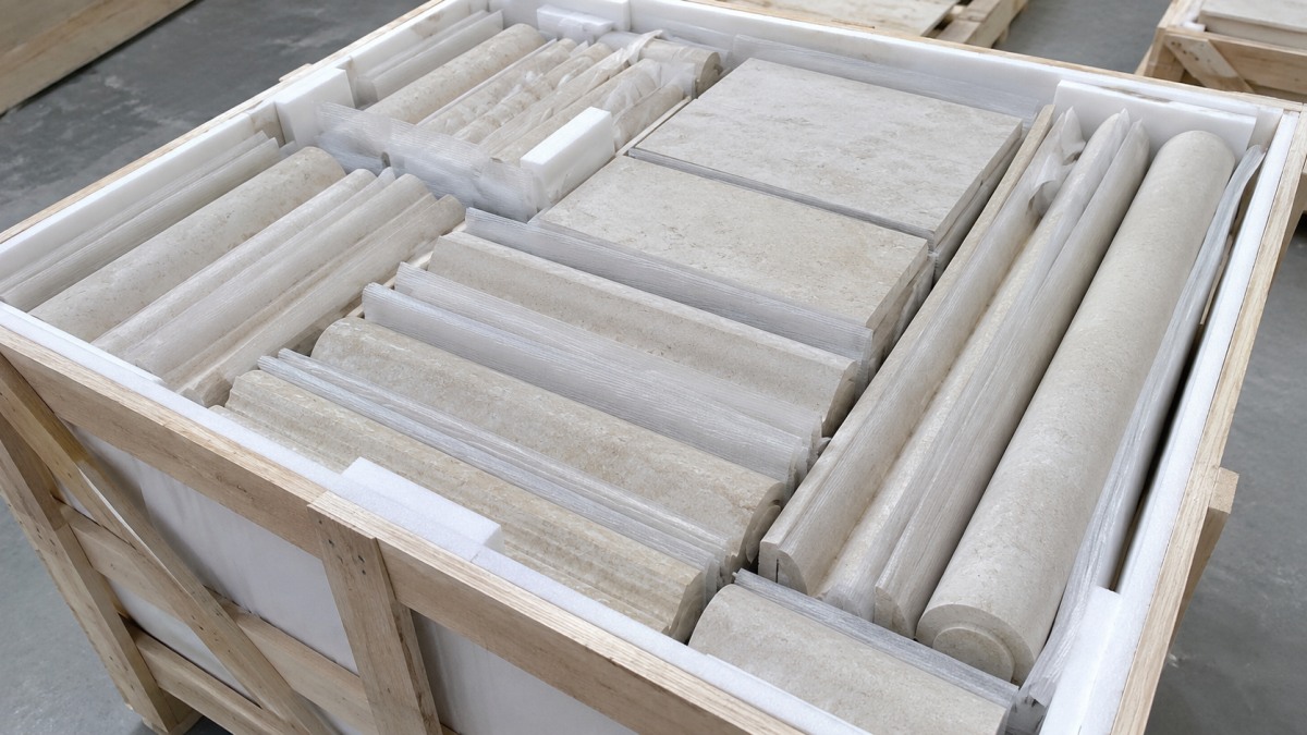 Moonlight Beige Limestone panels and molding profiles packed in a wooden crate for export shipment