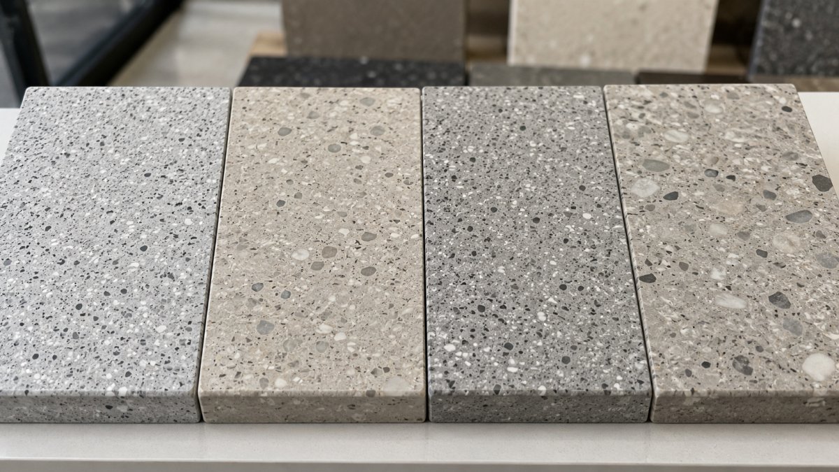 Close-up comparison of different terrazzo slab chip sizes and matrix colors
