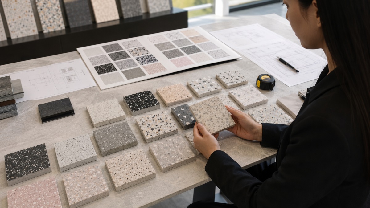 terrazzo-sample-review-before-production-hero Project buyer reviewing terrazzo samples, drawings, and approval notes before mass production