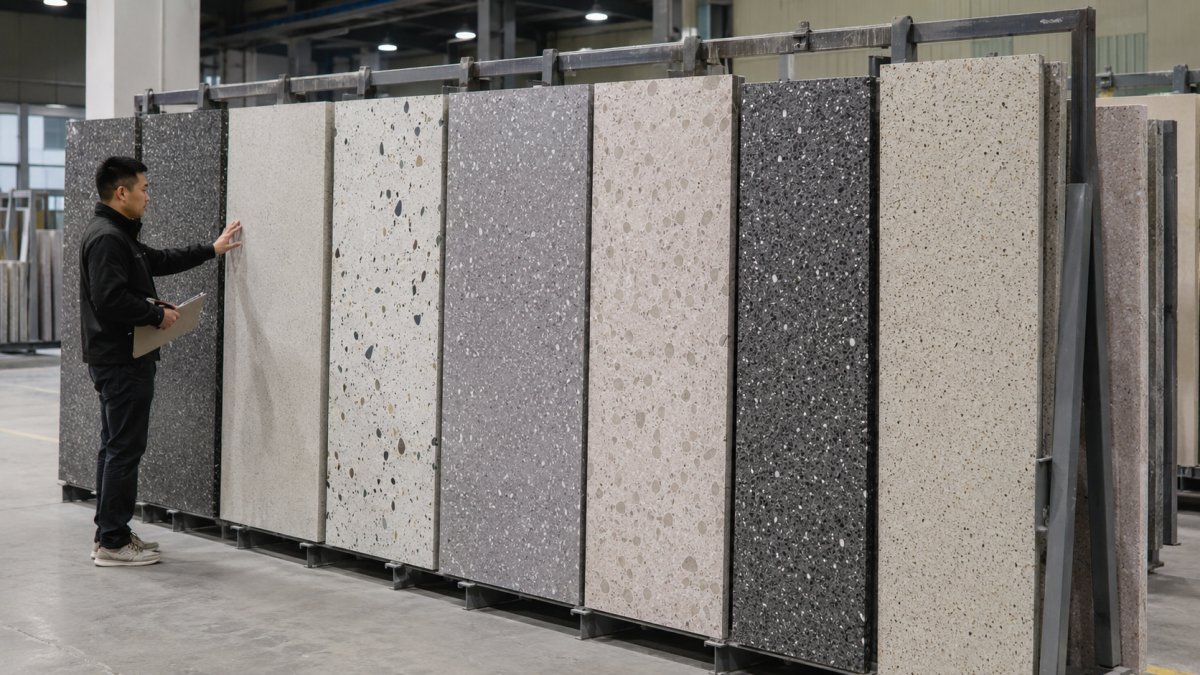 full-terrazzo-slab-photo-review-before-approval Full terrazzo slabs arranged for buyer photo review before mass production