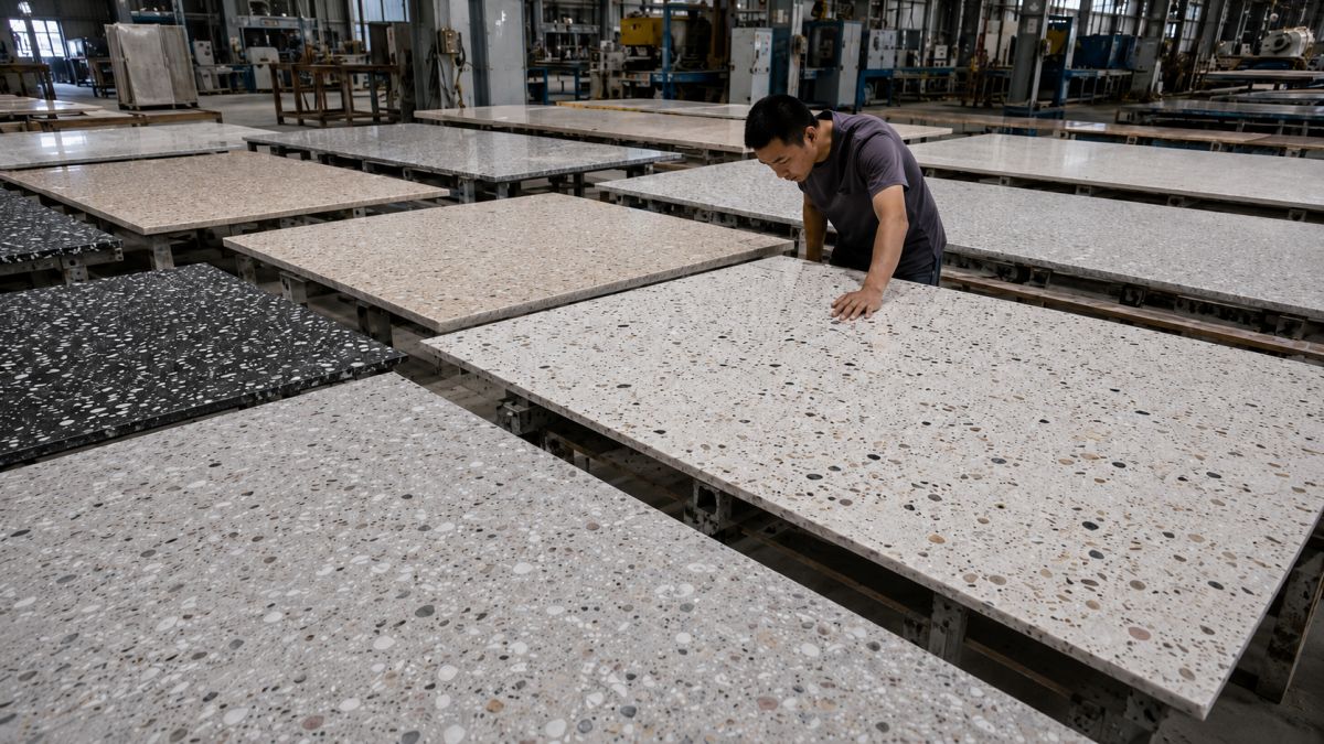 Full terrazzo slabs arranged for buyer review to check color and chip distribution