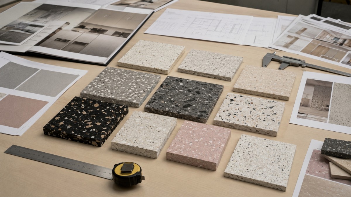 Terrazzo sample review with project drawings and finish confirmation