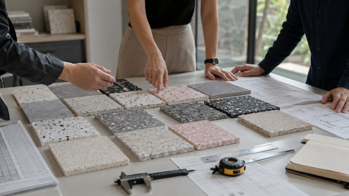 cement-vs-resin-terrazzo-sample-review Cement terrazzo and resin terrazzo samples reviewed for project selection