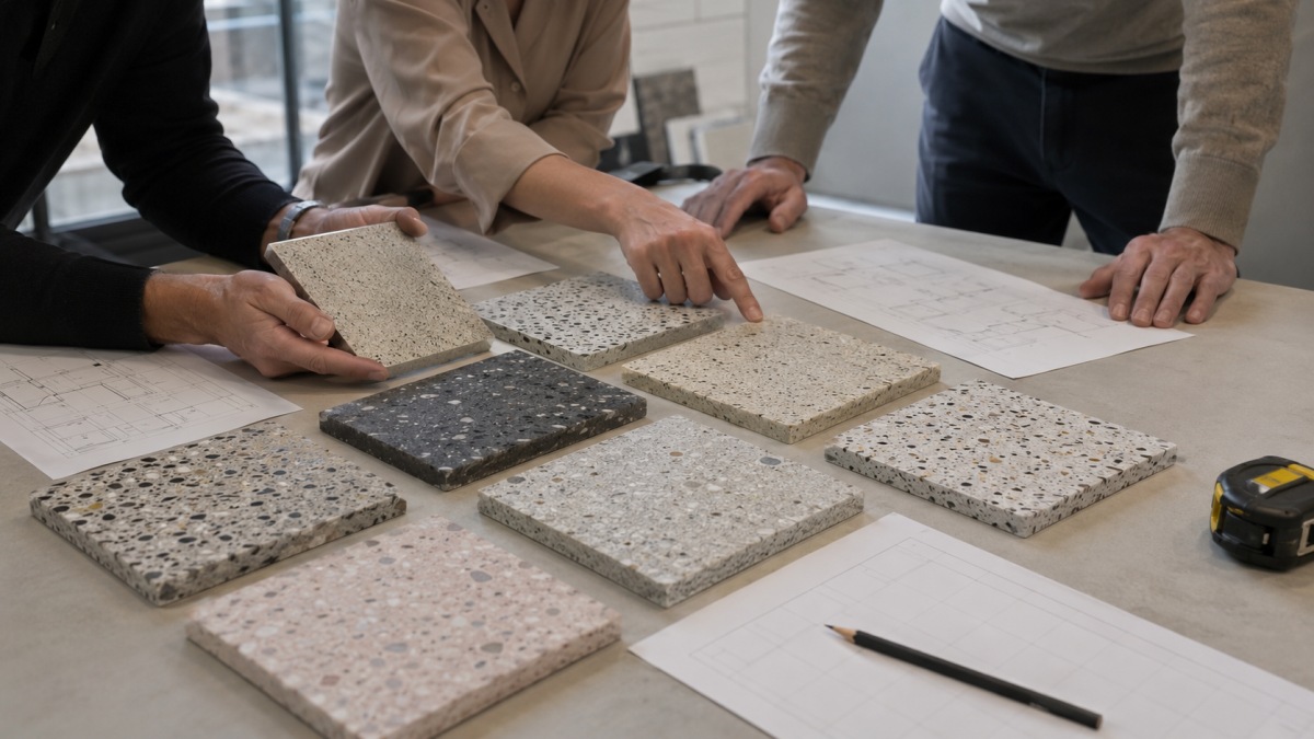 terrazzo-system-decision-table Project team reviewing terrazzo system decision table with samples and drawings