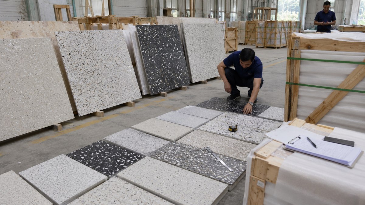 terrazzo-pre-packing-review-hero Terrazzo slabs and tiles reviewed before export packing in a factory setting