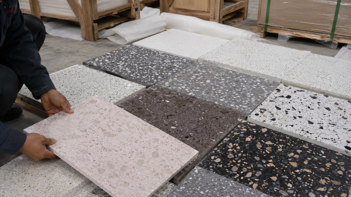 terrazzo-surface-review-before-packing Terrazzo surface and aggregate distribution checked before packing
