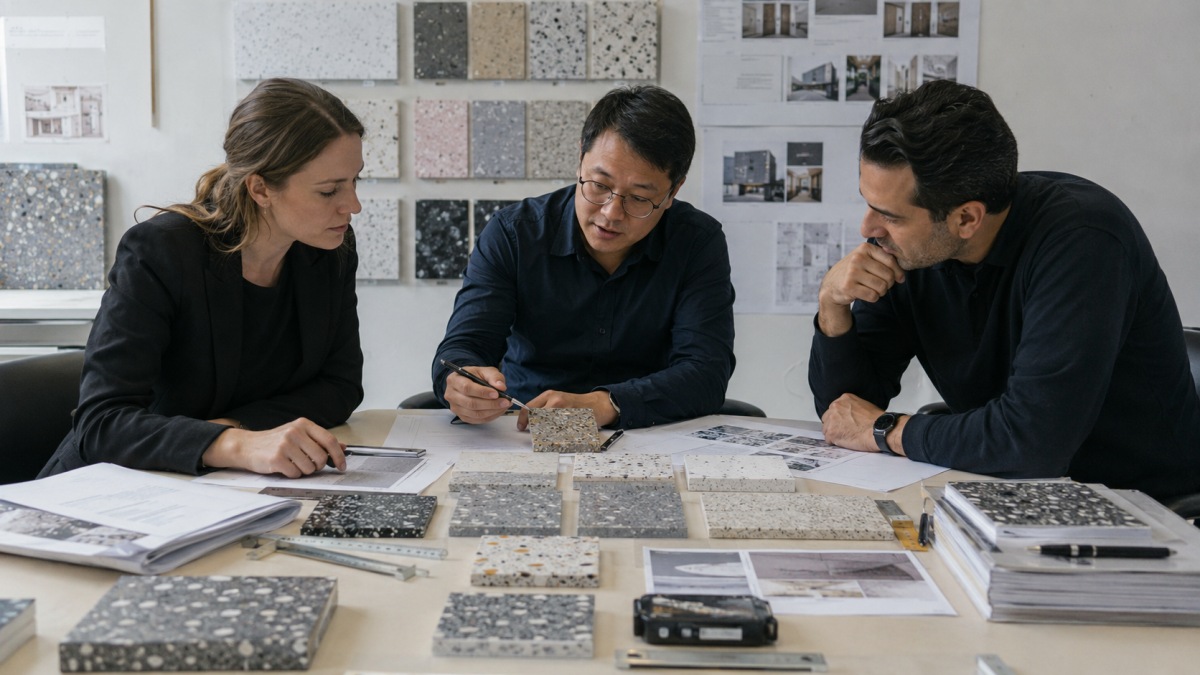 Project team reviewing terrazzo samples and drawings for international supply decision