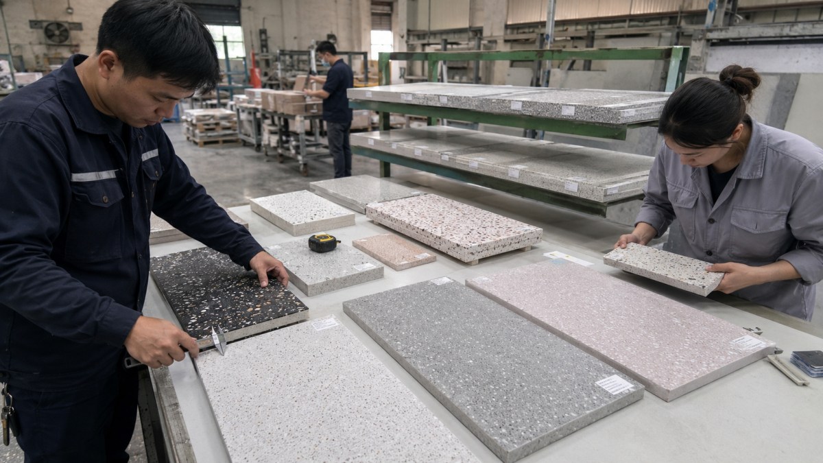 Factory-made precast terrazzo pieces inspected before shipment