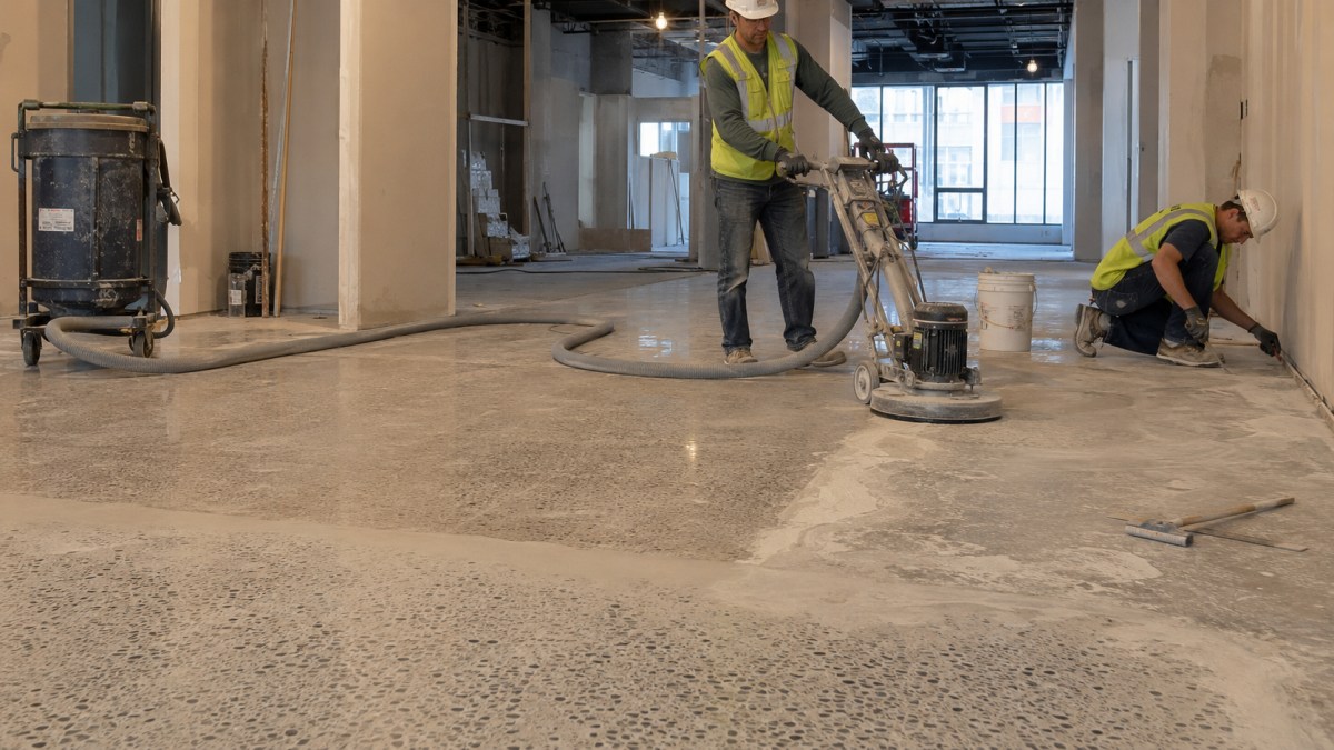 In-situ terrazzo floor installation and grinding process on site