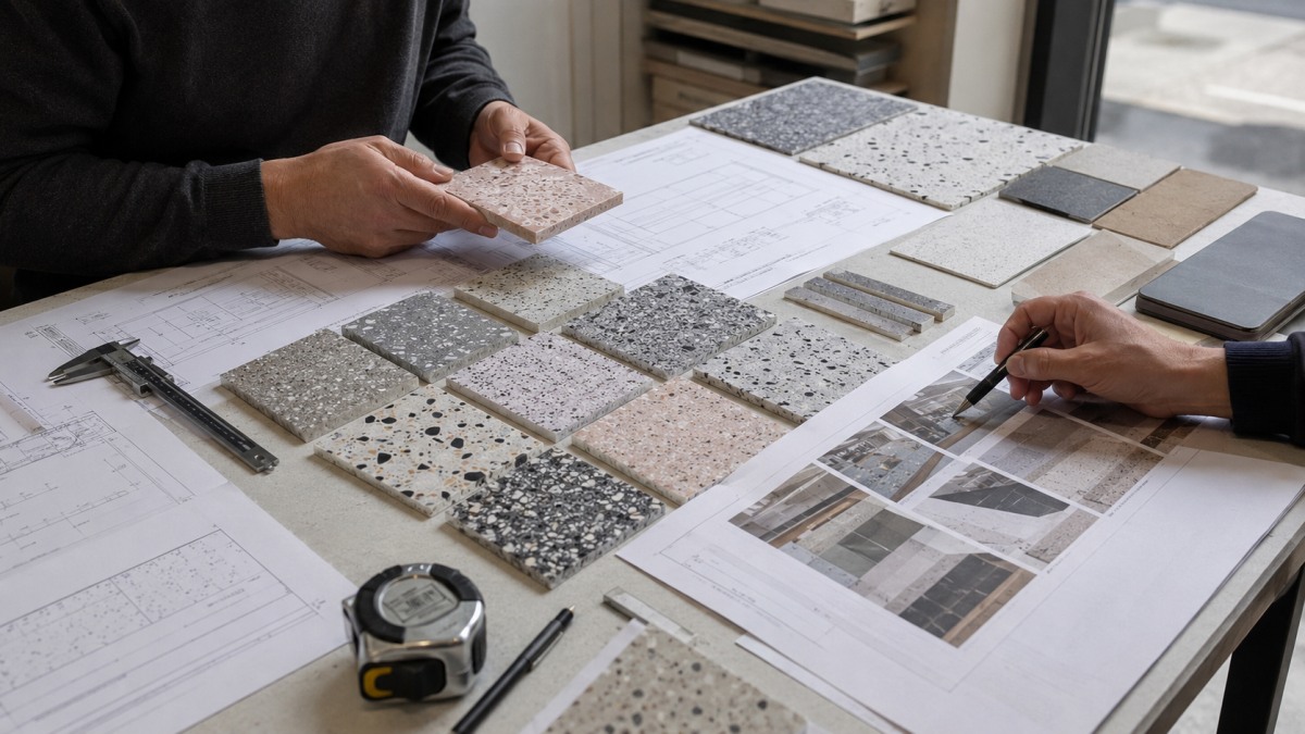 Terrazzo samples, drawings, measuring tools, and checklist for project review