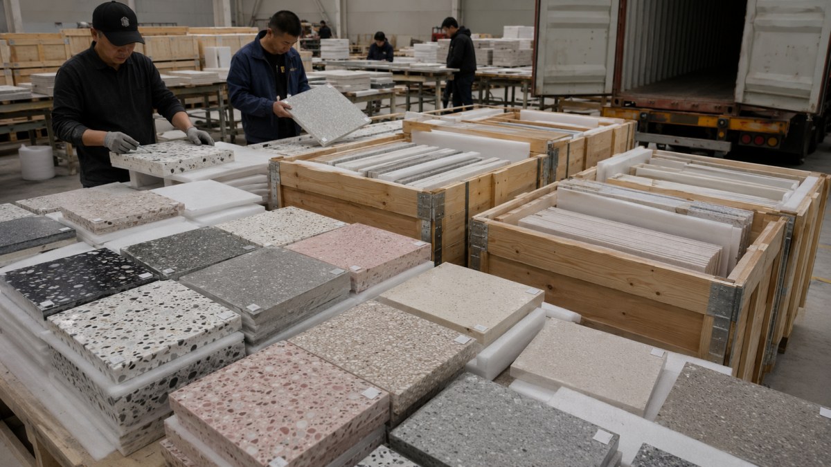 Labeled precast terrazzo pieces packed for international shipment