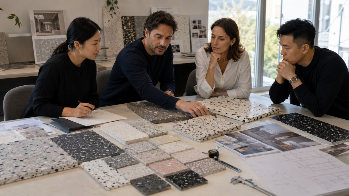 Project team comparing terrazzo slab and tile options for a commercial project