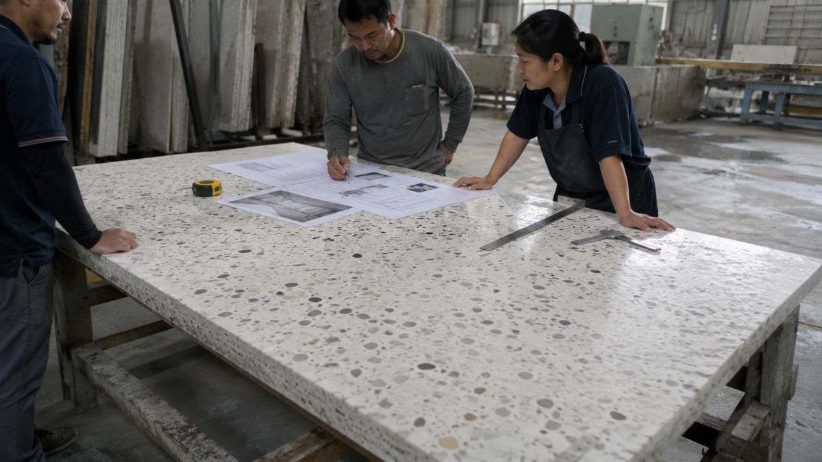 Large terrazzo slab being reviewed for cut-to-size fabrication