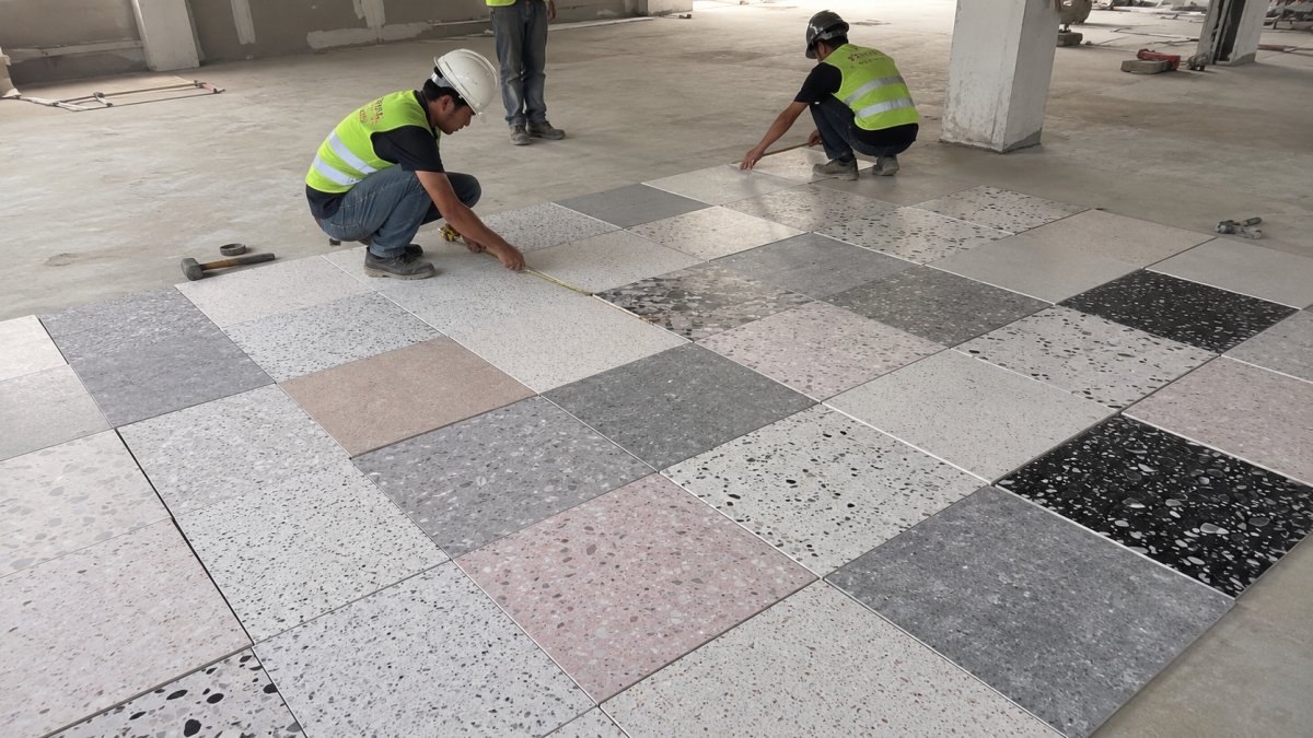 Terrazzo tiles arranged for a commercial floor layout
