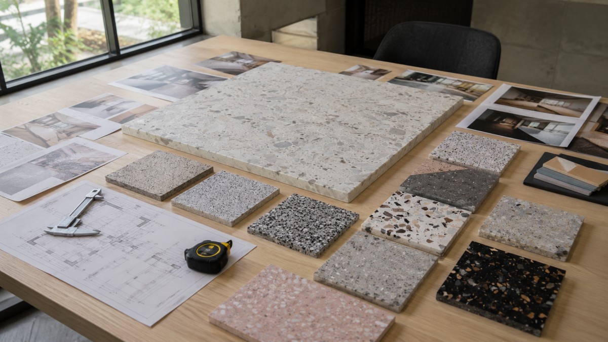 Terrazzo slab and tile samples reviewed with drawings and measuring tools