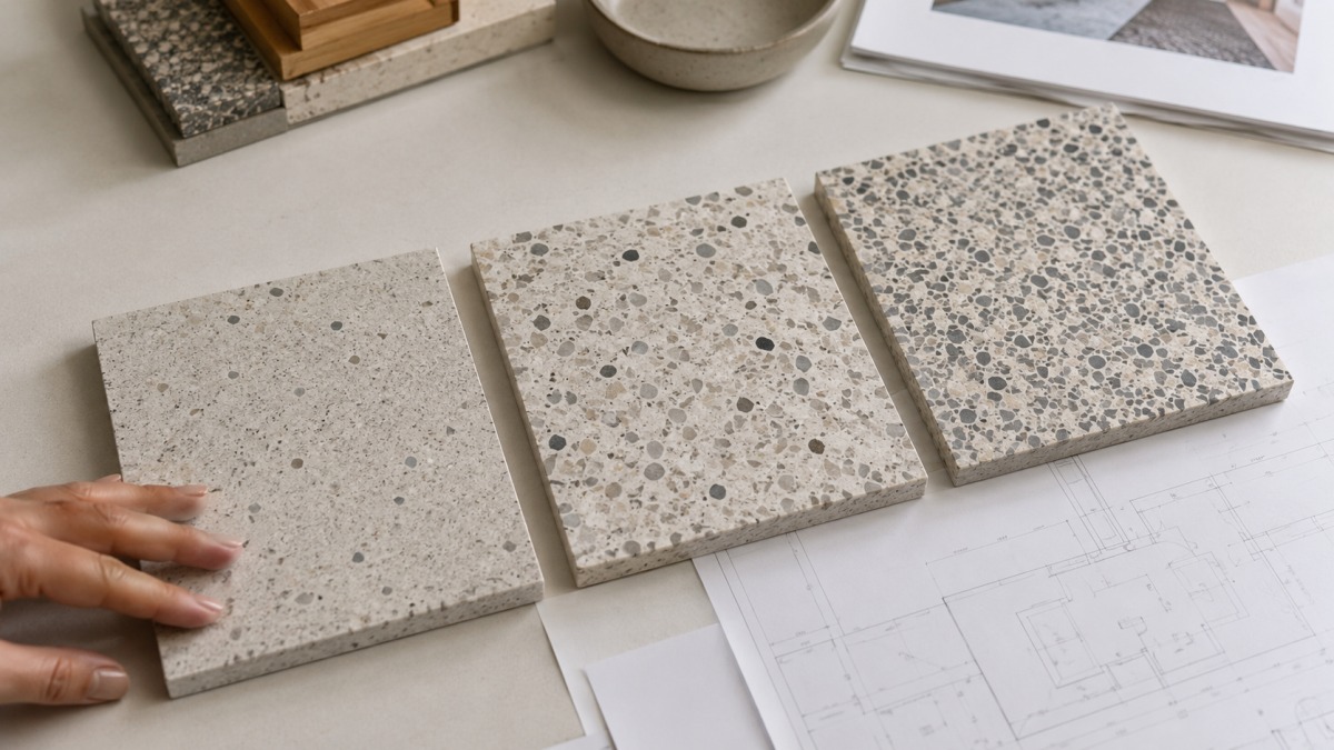 Low and high chip density terrazzo samples reviewed for design scale