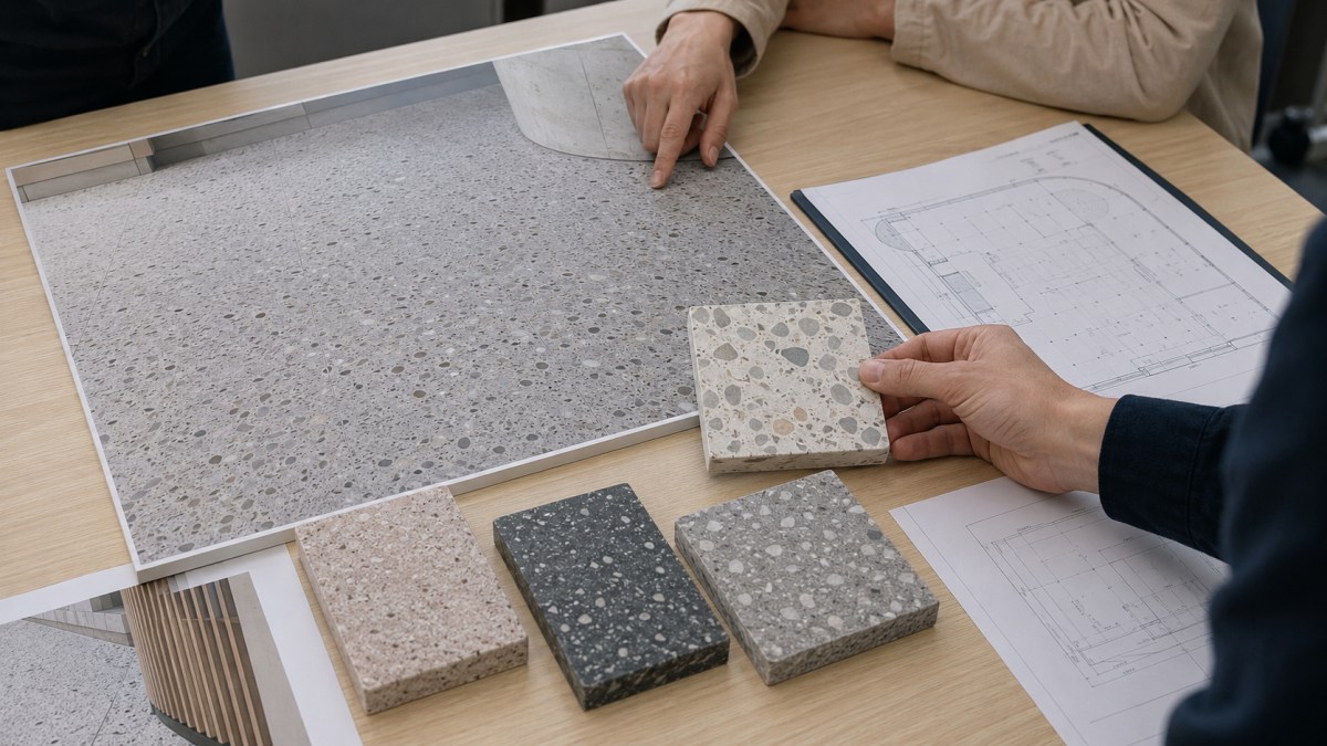 Terrazzo sample compared with larger slab photo for project approval