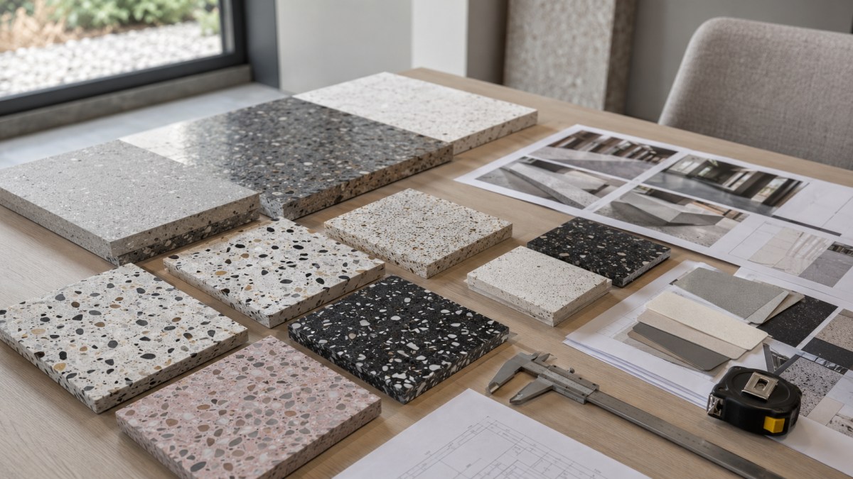 Terrazzo sample approval checklist with drawings and measuring tools
